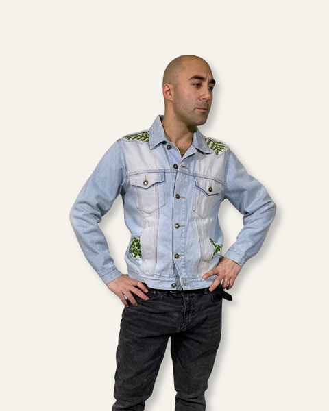 Upcycled Lightwash Denim Jacket with Cutout Forest Patches