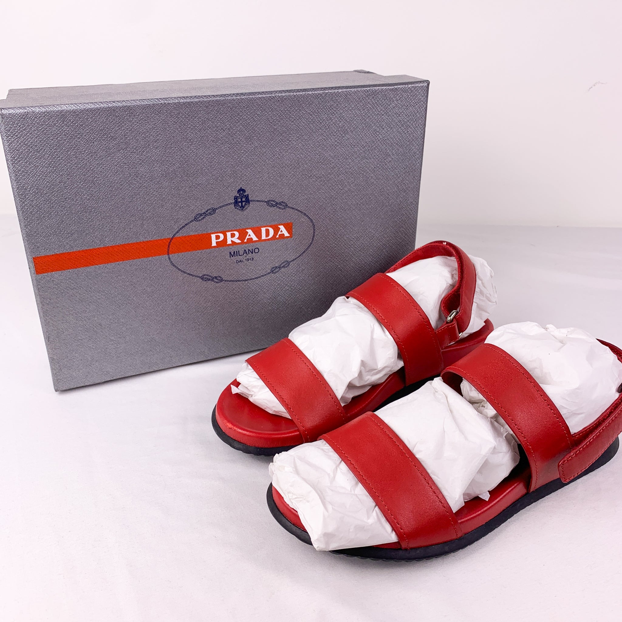Prada Vitello Plume Red Leather Sandals With Box – Double Take